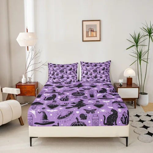 Vista 2 de Sábana bajera ajustable de Halloween tamaño individual, sábanas de calabaza y gato para niñas y niños, sombrero de bruja espeluznante morado