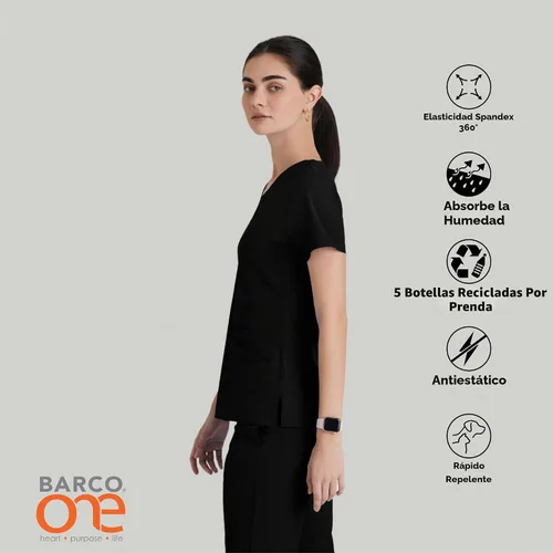 Vista 6 de BARCO ONE - Camiseta médica con cuello en V y 5 bolsillos, elástico de 4 vías, para mujer Negro