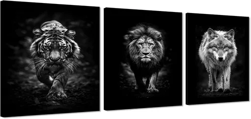 Vista 62 de 3 piezas modernas de lienzo de león de animales salvajes, pinturas de retratos de familia de leones, decoración de pared, obras de arte de sala
