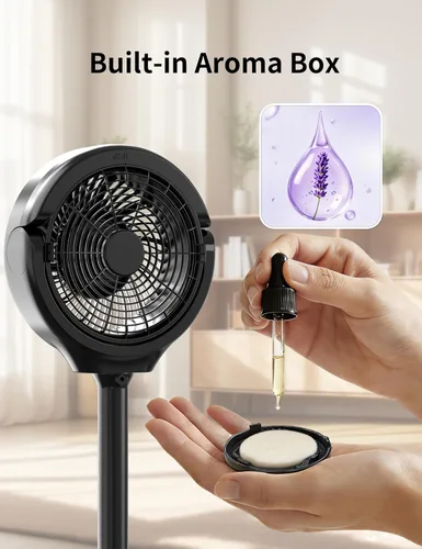Vista 9 de Ventilador de pie para dormitorio, ventilador omnidireccional oscilante de 180°, ventilador de piso silencioso de 20 dB de CC ultra silencioso que