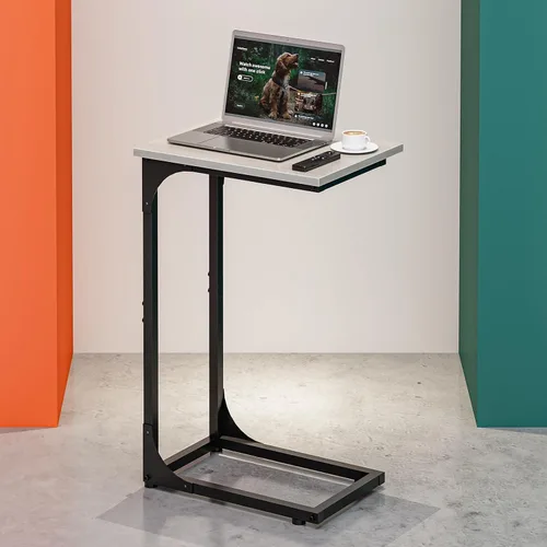 Vista 19 de Mesa auxiliar en forma de C para sofá, soporte de café pequeño, bandeja de sofá con marco de metal, parte superior de madera impermeable resistente