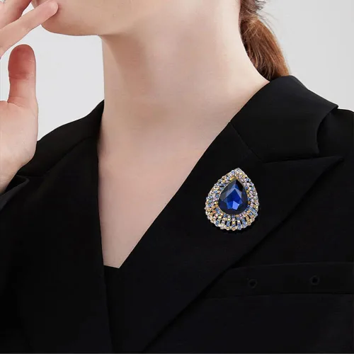 Vista 3 de Broche de lágrima de diamantes de imitación para mujeres y niñas, cristales coloridos de moda, color azul, circonita cúbica, broches de gota