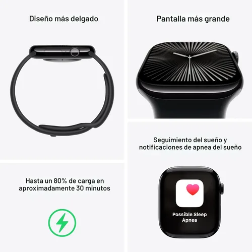 Vista 4 de Apple Watch Series 10 [GPS 42 mm] Smartwatch con caja de aluminio negro brillante y correa deportiva negra - M/L. Rastreador de fitness, aplicación