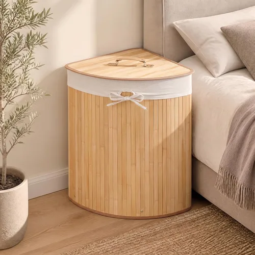 Vista 9 de GOFLAME Cesta esquinera de bambú para la ropa sucia con tapa y forro extraíble, cesta de almacenamiento con asa, adecuada para dormitorio, baño