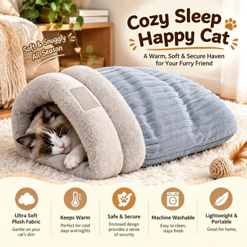 Vista 4 de Saco de dormir para gatos, cama cálida y esponjosa para gatos de interior Gris