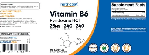 Vista 6 de Nutricost Vitamina B6 (Piridoxina HCl) 25 mg, 240 Cápsulas - Sin OMG, sin gluten y apta para vegetarianos