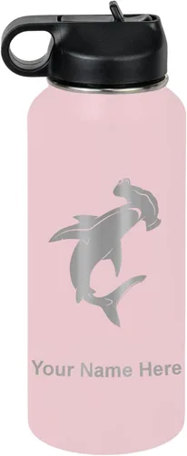 Vista 39 de LaserGram Botella de agua personalizada, tiburón martillo, acero inoxidable de doble pared aislada al vacío con popote superior, regalo grabado