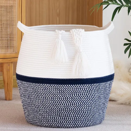 Vista 11 de KAKAMAY Cestas tejidas para almacenamiento (17 x 17 pulgadas), cesta grande de lavandería para bebé tejida con cuerda de algodón, cesta de Flecos