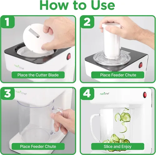 Vista 6 de NutriChef Picador eléctrico 3 en 1 de verduras, espiralizador y máquina de ensaladas, cortador de frutas, máquina trituradora en espiral, máquina