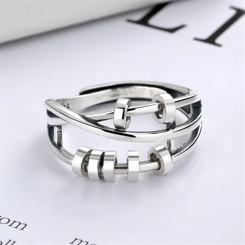 Vista 3 de NewZenro Anillos abiertos de tres capas circulares redondos antiansiedad para mujeres y niñas, plata de ley 925, personalizados, alivio del estrés