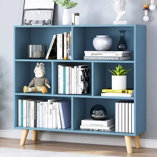 Vista 13 de IOTXY - Estantería de madera con espacios abiertos, 3 niveles, con patas, 5 cubos, color azul brillante Nordic Minimalist Style, MDF