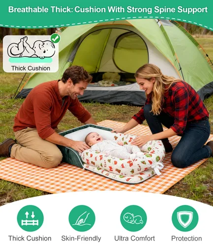 Vista 3 de Tumbona para bebé, tumbona portátil plegable de viaje para recién nacido de 0 a 12 meses, lavable y ligera, nido para bebé con toldo, nido de bebé