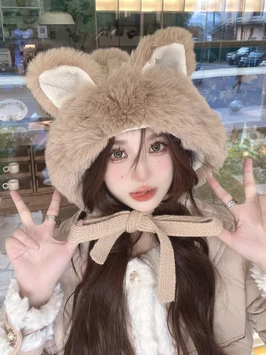 Vista 12 de Gorro de invierno de piel sintética para mujer, con orejas de gato de zorro, con orejera, pompón, sombrero de trampero de felpa cálida rusa