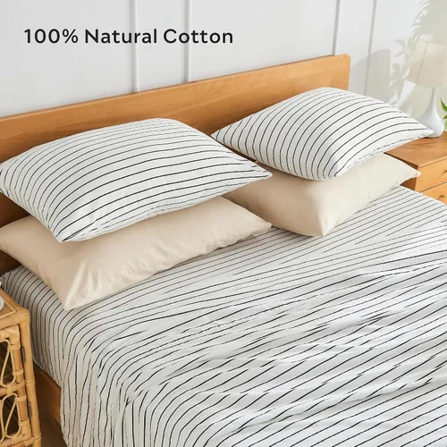 Vista 3 de JELLYMONI - Juego de 2 fundas de almohada de algodón natural 100 % a rayas, tamaño estándar, color blanco con finas rayas negras impresas