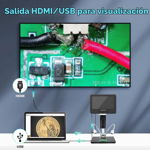 Vista 4 de LM246MS Microscopio digital HDMI de 3 lentes de 7 pulgadas para soldar, soporte de brazo de brazo de pluma de 13 pulgadas, video UHD 2160P 2000X