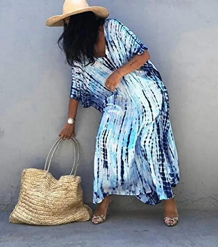Vista 4 de RanRui - Vestido tipo caftán para mujer, de talla extragrande, con estampado de rayas, teñido anudado, cuello en V, holgado y suave