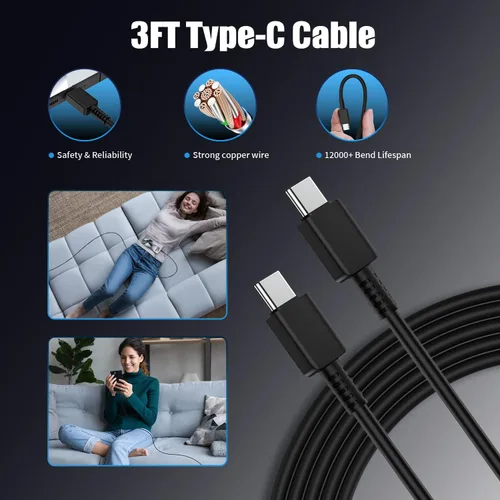 Vista 5 de Paquete de 2 cargadores USB C de 25W para Samsung Galaxy S24 Ultra, bloque de carga rápida súper silenciosa tipo C con cable C a C de 3 pies