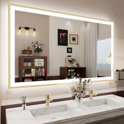 Vista 48 de Espejo de baño LED de 24x28 pulgadas con marco negro, espejos de baño retroiluminados y con luz frontal para pared, antiempañamiento, regulable