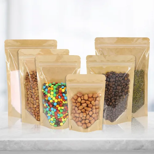 Vista 6 de 100 PCS bolsas resellables, bolsas de papel kraft de pie con ventana frontal transparente, bolsas de almacenamiento de alimentos con cierre