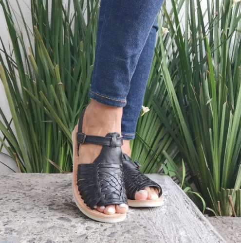 Vista 7 de Macarena Collection Sandalias Huarache para mujer, sandalias de cuero colorido, estilo mexicano, color negro 3044, Negro