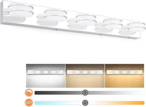 Vista 13 de 3 lámparas de baño regulables de temperatura de color para sobre espejo, lámparas de tocador LED cromadas de 3 luces, lámparas de tocador de baño