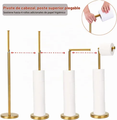 Vista 6 de Soporte de papel higiénico dorado, soporte de papel higiénico independiente con reserva para 4 rollos de repuesto, base resistente, estante