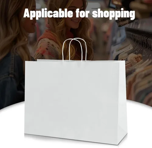 Vista 7 de bagmad Paquete de 50 bolsas grandes de papel kraft blanco de 16 x 6 x 12 pulgadas con asas a granel para compras, bodas, comestibles, mercancías al