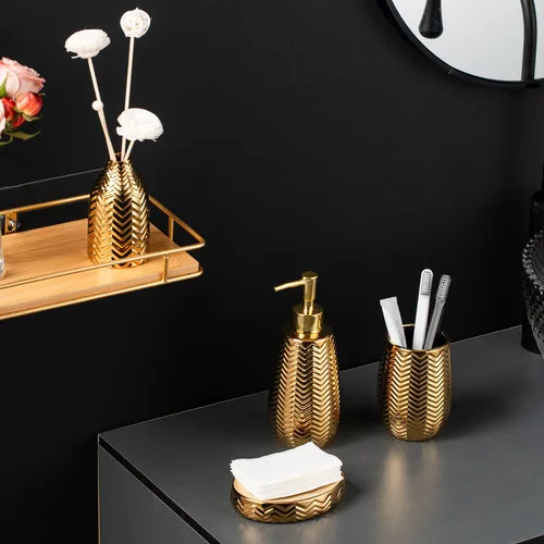 Vista 5 de Accesorios de baño dorados, hermoso juego de decoración de baño, juego de regalo de cerámica de 5 piezas, dispensador de jabón, soporte para cepillo