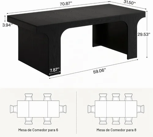 Vista 2 de Tribesigns Mesa de comedor de granja de 71 pulgadas con diseño arqueado para 6-8, color negro