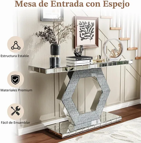 Vista 8 de Mesa consola con espejo de 55 pulgadas, mesa larga para sofá de sala de estar, oficina, detalles de cristal de diseño hexagonal, moderno escritorio