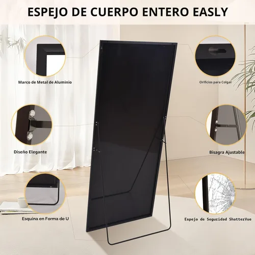 Vista 5 de Easly - Espejo de longitud completa de 34 x 76 pulgadas con soporte, espejo grande rectangular de pie para dormitorio, sala de estar o armario, Negro