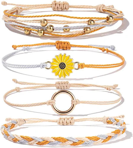 Vista 12 de Pulsera de cuerda trenzada hecha a mano con diseño de girasol para adolescentes y mujeres Beige