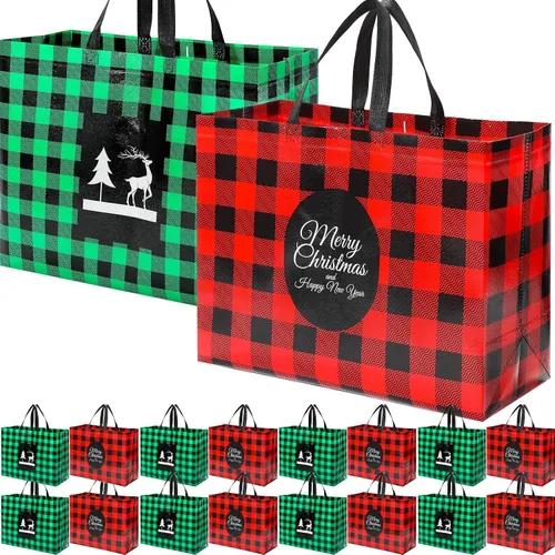 Vista 8 de Colarr 12 piezas bolsas de mano de Pascua extra grandes con asa, bolsa de regalo de primavera, no tejida, a cuadros búfalo, impermeable