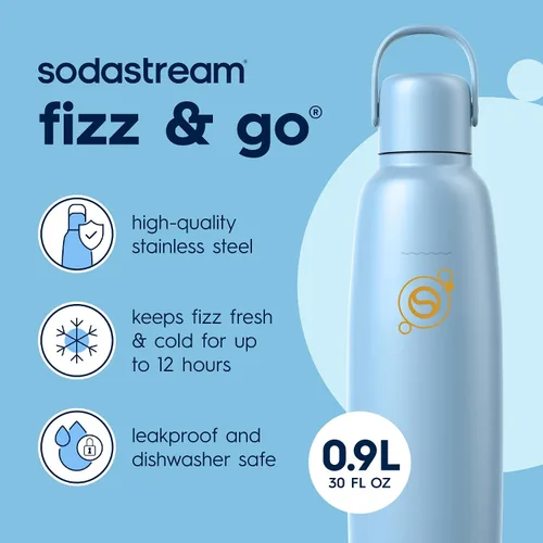 Vista 2 de sodastream Fizz & Go Cool, Botella de agua carbonatada de acero inoxidable de 0.9 L, botella de metal aislada para agua con gas, compatible