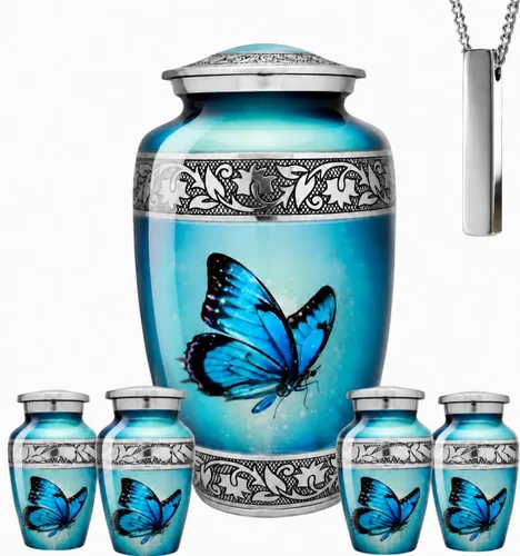 Vista 3 de Juego de 6 urnas de cremación decorativas personalizadas con diseño de mariposa azul para cenizas humanas, incluye 1 urna grande para cenizas