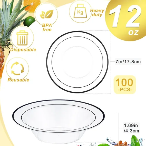 Vista 3 de Tanlade 100 cuencos de plástico con borde de 12 onzas, tazones desechables para sopa, elegantes para fiestas, postres, vajilla desechable