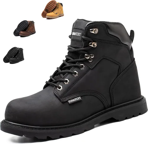 Vista 7 de Botas de seguridad laboral para hombre, de cuero Crazy-Horse duradero, con puntera de acero indestructible, impermeables y antideslizantes, mejor