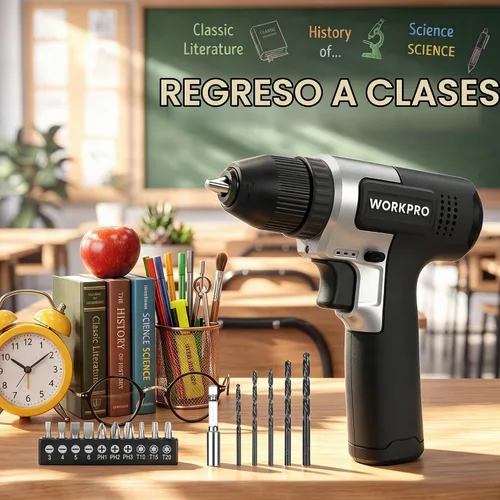Vista 2 de WORKPRO Juego de taladro inalámbrico de 8 V, taladro eléctrico de 2 Ah con portabrocas sin llave de 3/8 pulgadas, 15 puntas, carga tipo C, LED