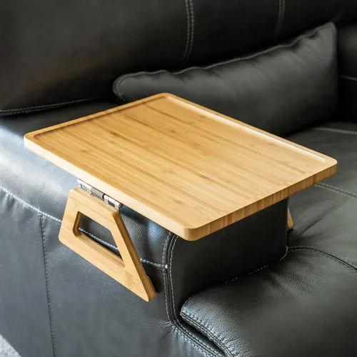 Vista 12 de Shamrock Home Mesa Bandeja de Bambú para Brazo de Sofá, Mesa Bandeja con Clip para Sofás. Bandeja de Brazo de Sofá para Cenas de TV, Controles