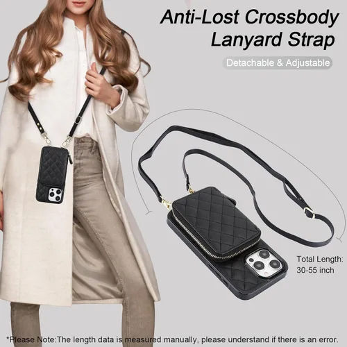 Vista 5 de Bocasal Funda tipo cartera cruzada para iPhone 15 Pro Max, con bloqueo RFID, de piel sintética, con cremallera, funda tipo cartera con función atril