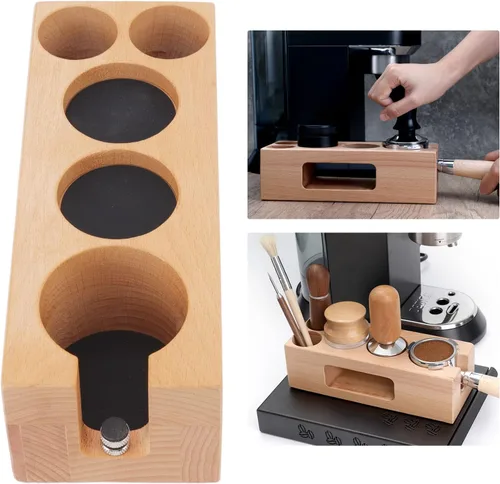 Vista 2 de Soporte para filtro de café de madera, estación de tampón de café de madera con alfombrilla de madera para expreso, base de madera para cafeterías