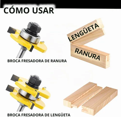 Vista 3 de Juego de brocas de ranura y lengua, 2 fresas de madera para carpintería (vástago de 1/2 pulgada)