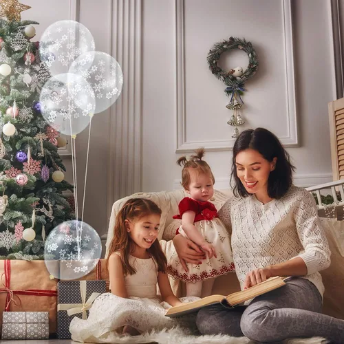Vista 7 de Skylety 40 globos transparentes de copo de nieve a granel, globos de látex transparentes de copo de nieve para Año Nuevo, fiestas de cumpleaños