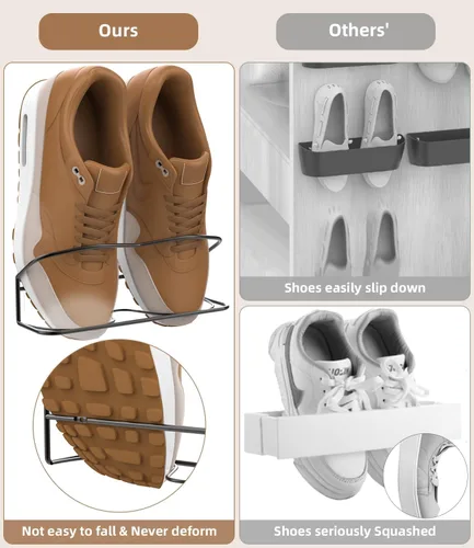 Vista 4 de Zapatero montado en la pared, paquete de 4 unidades, con tiras adhesivas para colgar, almacenamiento de zapatos de pared de metal, organizador