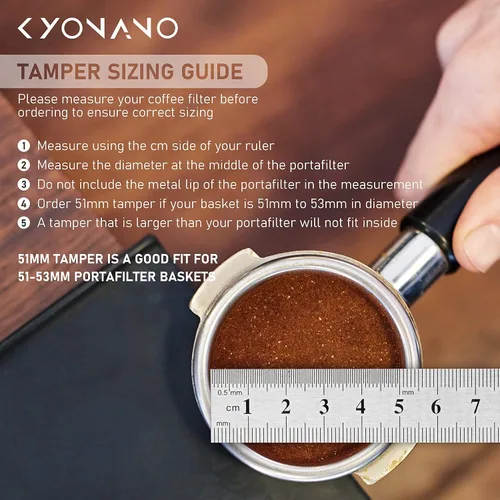 Vista 4 de KYONANO Espresso Tamper 2.008 in – Tamper con mango de madera Chacate Preto – Tamper de café más jarra de espuma de leche 11.8 fl oz y alfombrilla