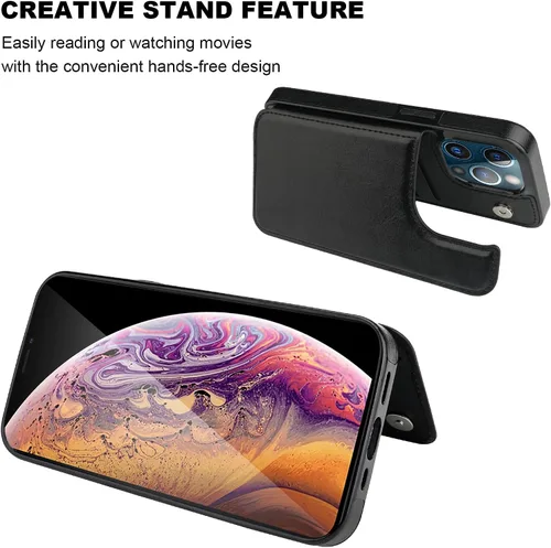 Vista 5 de ONETOP Compatible con iPhone 13 Pro Max Funda Tipo Cartera con Tarjetero, Cuero PU con Soporte Ranuras para Tarjetas, Doble Cierre Magnético y Negro