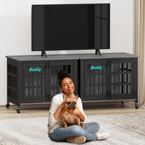 Vista 8 de EasyCom 33"/27" Mueble de jaula para perros con etiqueta de nombre, perrera para perros de uso interior resistente para perros medianos y pequeños