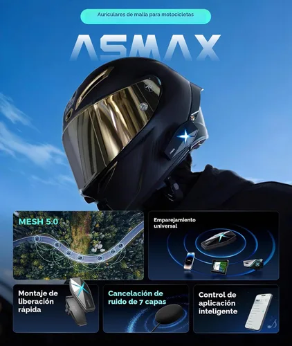 Vista 2 de ASMAX F1s - Auriculares Bluetooth para motocicleta con control de voz inteligente, sistemas de comunicación de casco de malla para 10 conductores