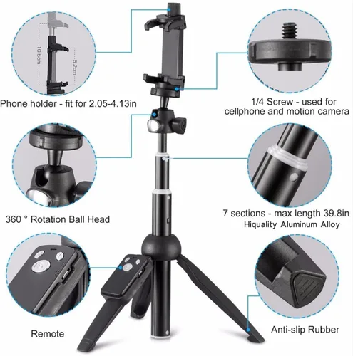 Vista 4 de Trípode para selfie stick de tamaño de bolsillo con control remoto inalámbrico, ligero esencial de viaje