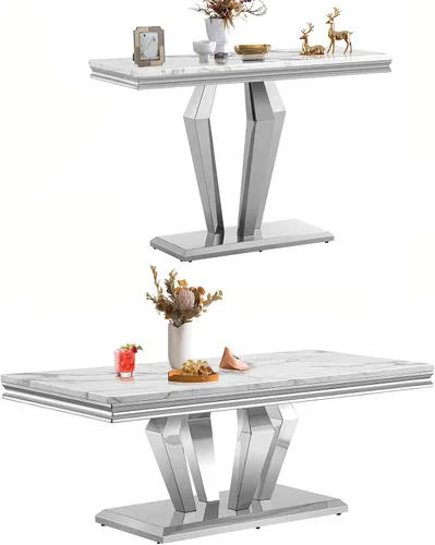 Vista 13 de SSLine Moderna mesa de centro de 1 pieza para sala de estar, mesa de centro de lujo de mármol sintético con patas de acero inoxidable en forma de S